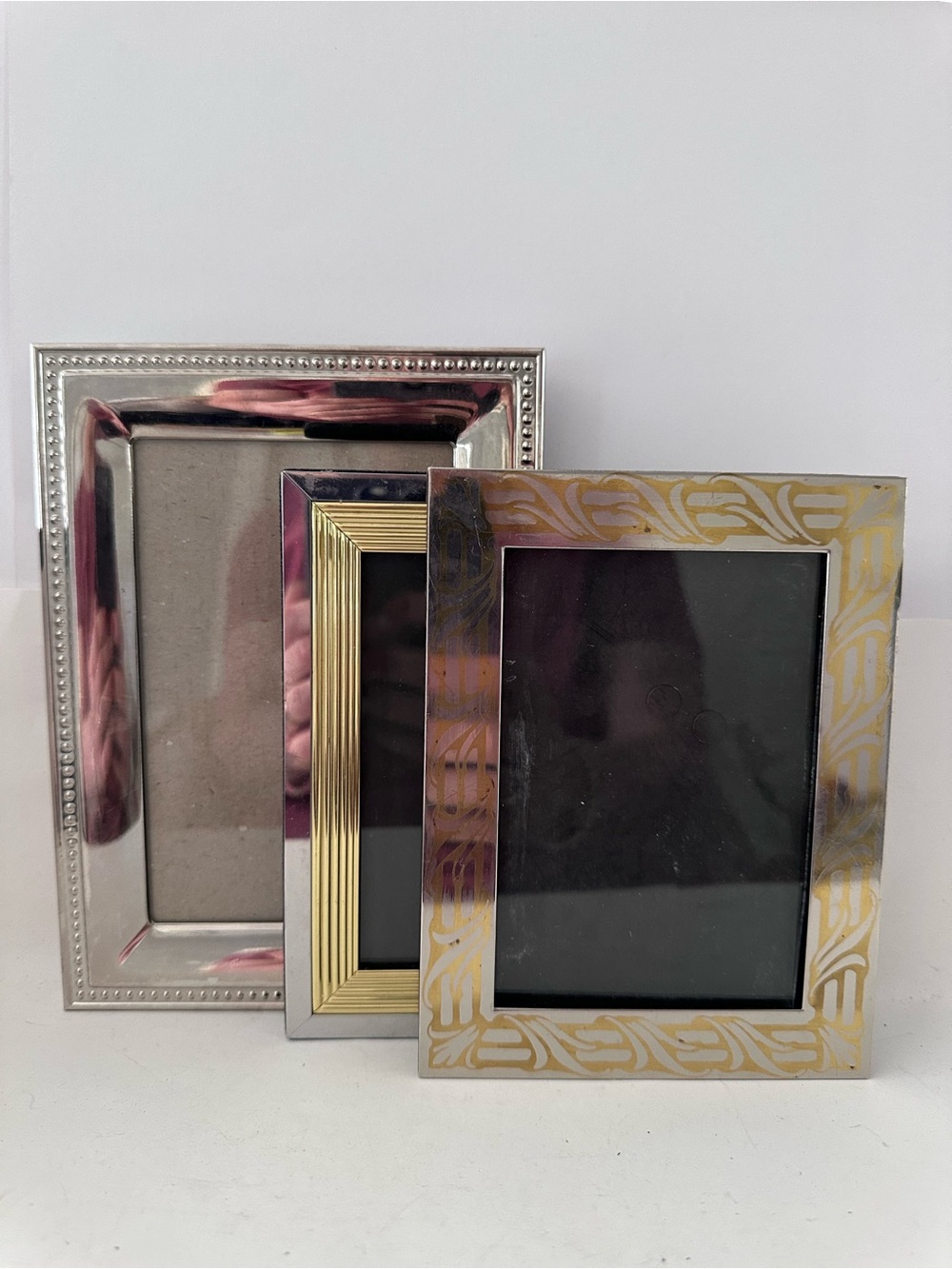 Lot of 3 Vintage Art Deco STYLE Silver Plate METAL BRASS INLAY Frame 3.5x5 5x7